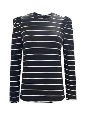Black and white horizontal stripe long sleeve top with gathered puff sleeves
