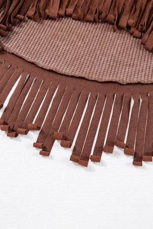 Waffle Knit Fringed High Low Loose Top in Brown, alternate angle