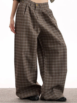 Men's brown plaid cotton wide leg trousers with high waist and pleats