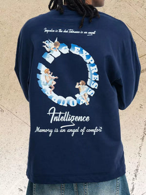 Crew-neck Graphic Long-sleeve Top in Royal Blue, front view