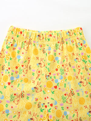 Yellow cotton toddler undershirt with allover bunny and floral print