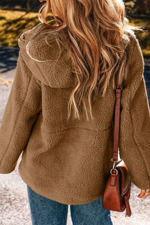 Brown sherpa hooded jacket with contrast lining detail