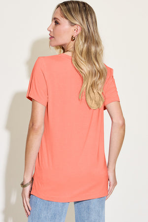 Coral bamboo t-shirt with asymmetric hemline and V-neck, short sleeves