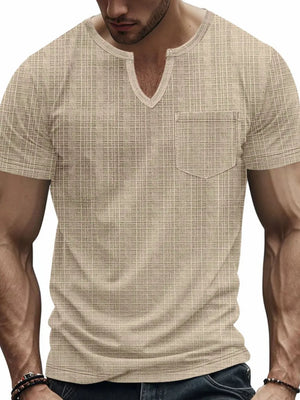 Textured notch neck tee in Khaki with a chest pocket and short sleeves.