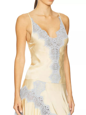Beige lace cami and skirt set with V-neck and delicate lace trim.