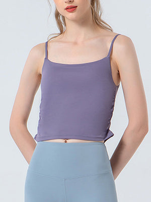 Lavender spaghetti strap crop top with side ruching detail