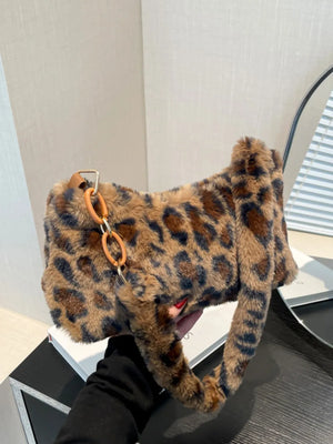 Leopard print faux fur shoulder bag with chain detail