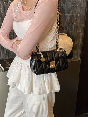 Quilted Chain Shoulder Bag in Black, side view
