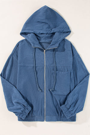 Dusty blue corduroy bomber hoodie with zip front, drawstring hood, and chest pocket.