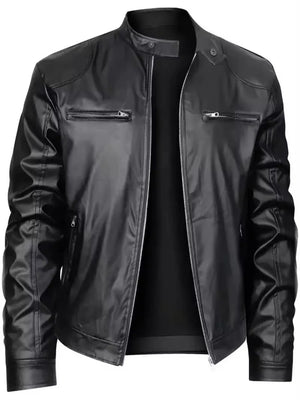 Black PU zip-up jacket with stand-up collar and zippered pockets