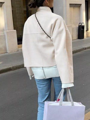Elegant Stand Collar Open Front Outerwear in White, model styling view