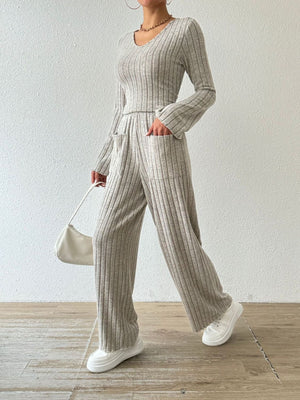 Flared ribbed knit lounge set in Dust Storm with v-neck top and wide leg pants with pockets.