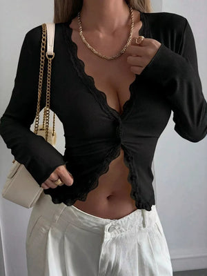 Lace Trim V-neck Ribbed Long Sleeve Blouse in Dark Blue, view 14