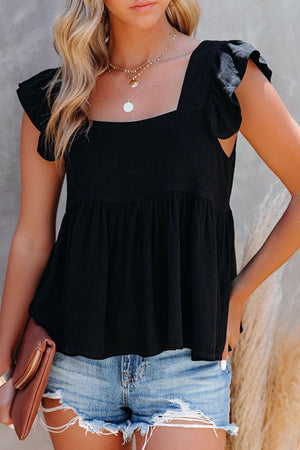 Black linen babydoll top with flutter sleeves and square neckline