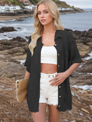 Black diamond knit collared cardigan shirt with short sleeves and button front.