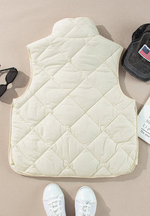 Ivory quilted stand collar vest with diamond pattern, casual outerwear