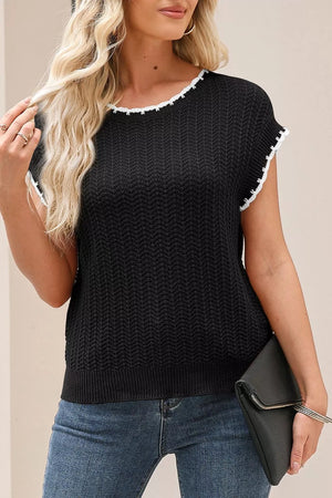 Textured Knit Sleeveless Sweater Vest in Dark Green, fit detail