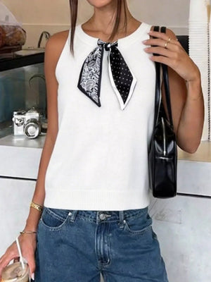 Scarf Detail Round Neck Tank in White, model styling view