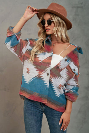 Southwestern print overshirt jacket in blue, burgundy, and tan with button front and chest pockets.