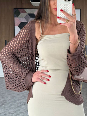 Chocolate open-knit crochet cardigan shrug with wide sleeves and ribbed cuffs.