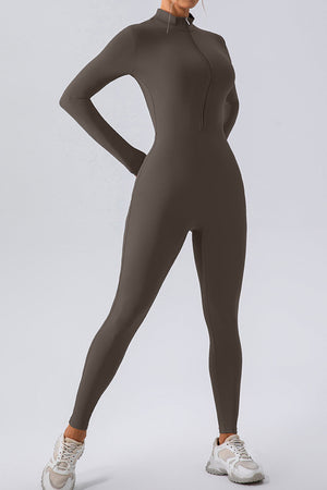Chocolate zip-front long sleeve bodycon jumpsuit with mock neck
