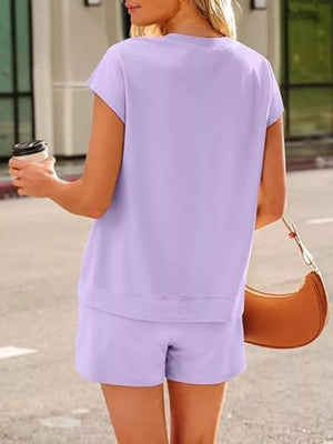 Button Detail Short Sleeve Top And Shorts Set in Lavender Purple, view 13
