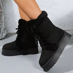 Black suede lace-up platform ankle boots with faux fur trim and lug sole.