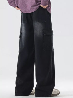 Black oversized cargo jeans with drawstring waist and large side pockets.
