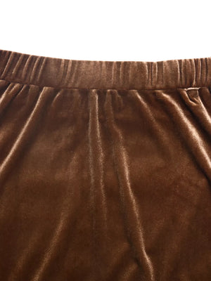 Brown velvet midi skirt with elastic waistband and wavy trim detail