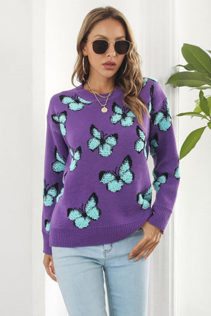 Purple knit crewneck pullover sweater with allover light blue butterfly motif