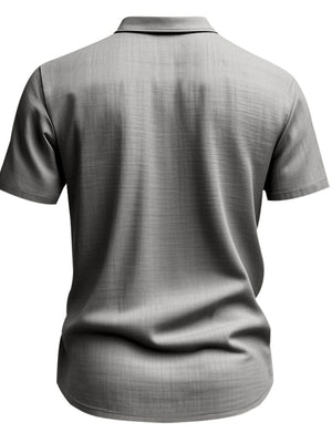 Grey short sleeve button-down shirt with collar and subtle texture