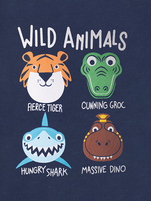 Toddler t-shirt with "Wild Animals" text and graphics of a tiger, crocodile, shark, and dinosaur.