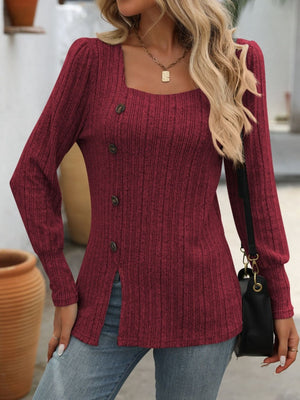 Burgundy ribbed knit top with square neckline and side button detail.