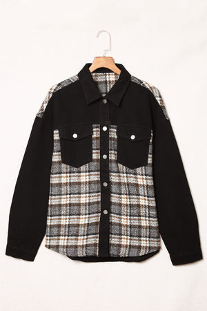Plaid panel denim shirt jacket in black with plaid front and sleeves, button-up closure, and chest pockets.