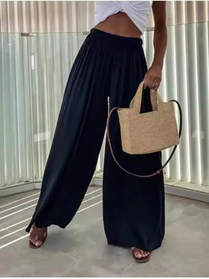 Black maternity pants with paperbag waist and wide legs, cotton fabric