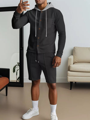 Men's Casual Hooded Button-up Shirt And Shorts Set, product detail