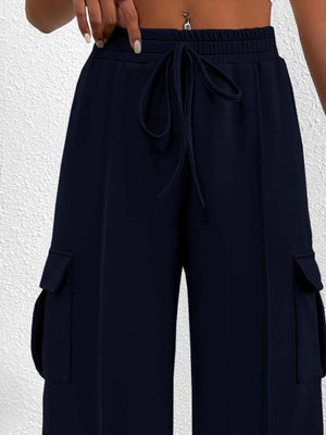 Navy high waist cargo sweatpants with drawstring and side pockets