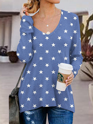 Blue star print v-neck long sleeve top with side zip detail