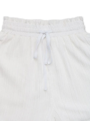 White textured shorts with elastic waistband and drawstring detail
