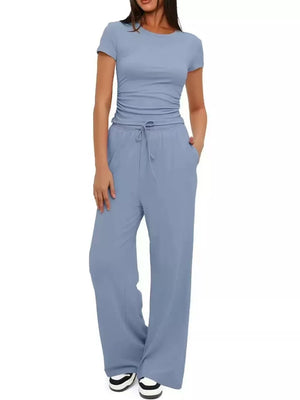 Ruched Short-sleeve Pants in Khaki Color, editorial view