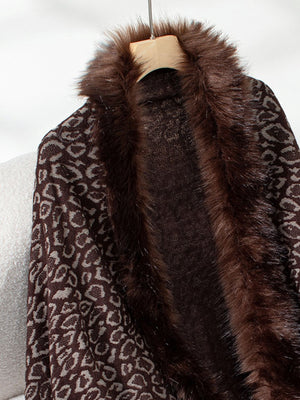 Brown leopard print acrylic cardigan with faux fur trim detail