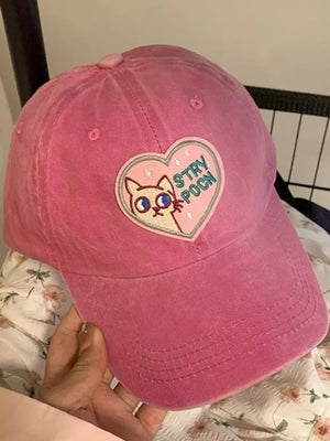 Heart Cat Baseball Cap Blush Pink, fabric detail