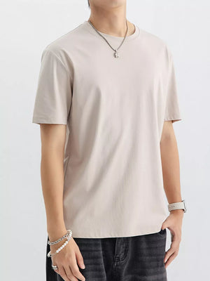 Men's apricot cotton crew neck t-shirt with short sleeves.