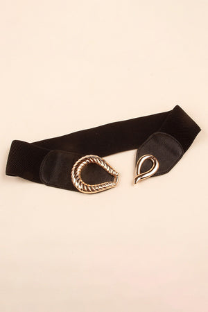 Black elasticated waist belt with sculpted gold buckle and faux leather details