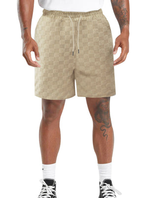 Men's khaki chino shorts with textured checkered pattern and drawstring waist.