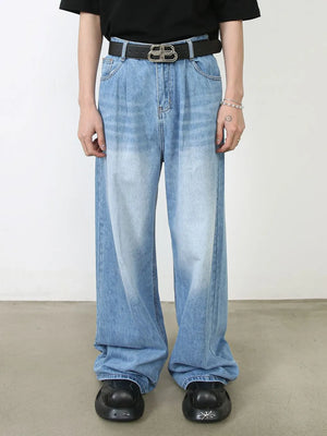 Light blue denim palazzo jeans with pleats and a wide leg