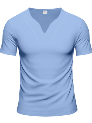 Light blue cotton t-shirt with notched V-neck and short sleeves.