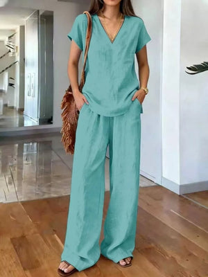 Full Size V-neck Short Sleeve Top And Pants Set in Light Brown, fit detail