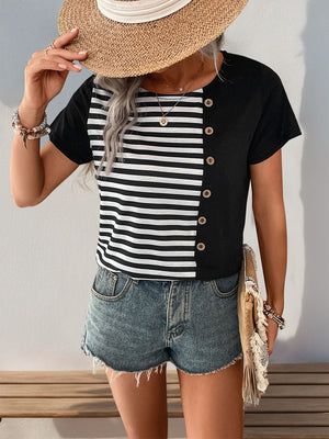 Black and white striped button-down tee with solid black sleeves and side buttons.
