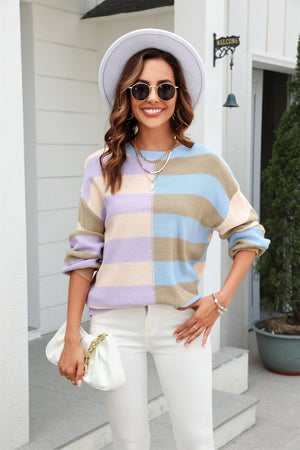 Pastel block stripe crewneck pullover sweater in acrylic with crew neck and long sleeves.